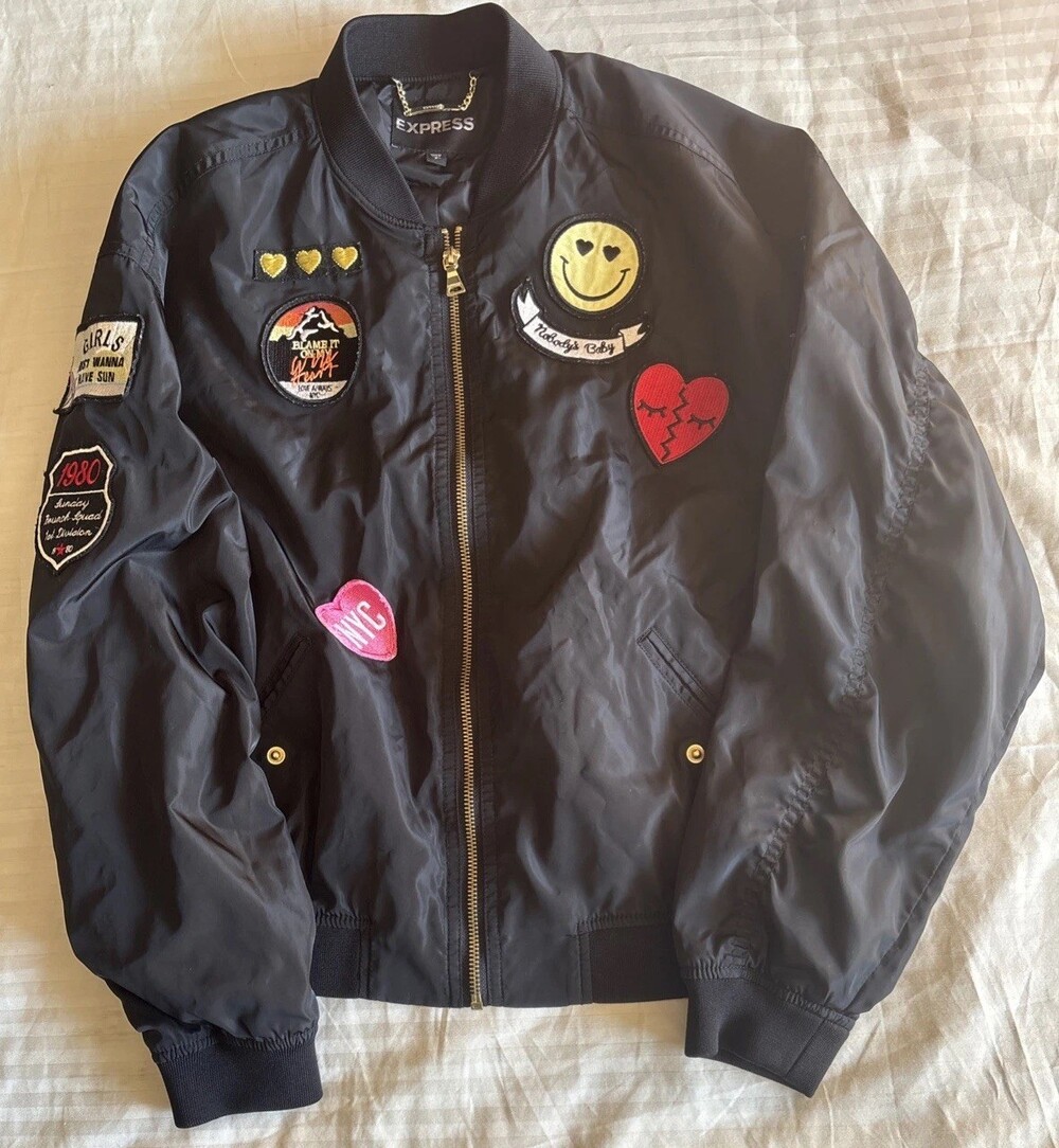 EXPRESS BOMBER JACKET W/PATCHES BLACK SIZE SMALL